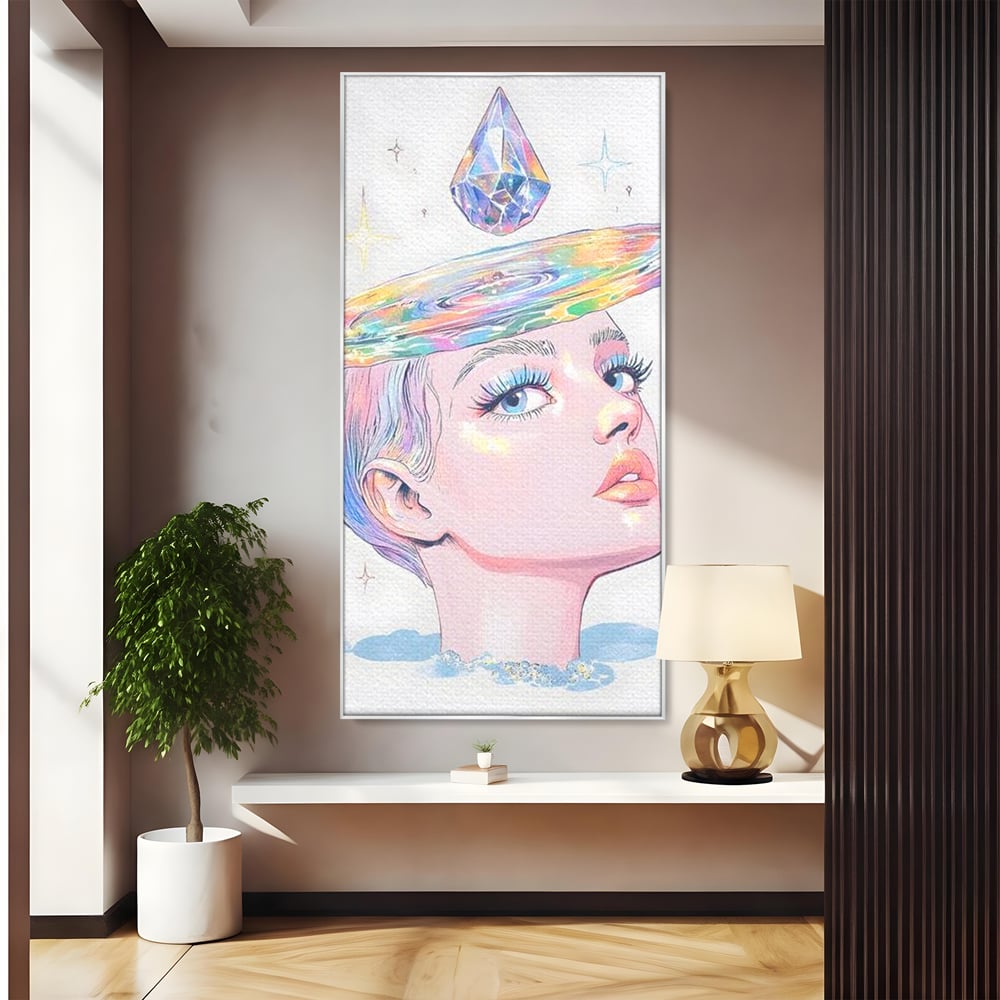 Tablou canvas cu ilustratie cu portret de femeie si galaxie, in rama de aluminiu argintiu